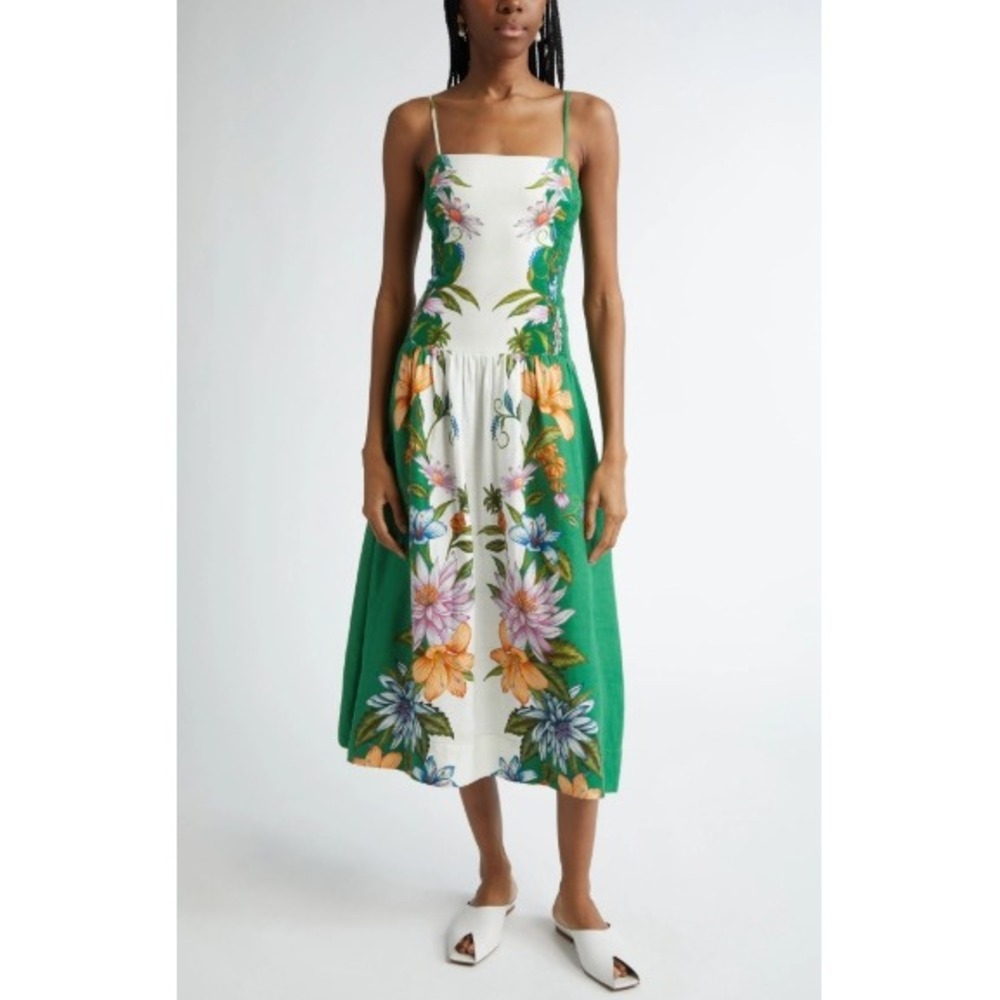 Farm Rio Women M Midi Dress Green Sweet Bloom Dreamscape Floral Linen Blend
